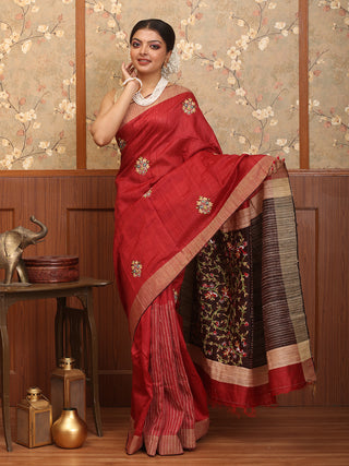 Maroon And Coffee Brown Hand Woven Bhagalpur Dupion Silk Saree with Hand Aari Embroidery