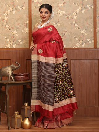 Maroon And Coffee Brown Hand Woven Bhagalpur Dupion Silk Saree with Hand Aari Embroidery