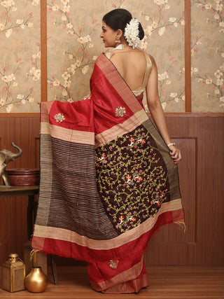 Maroon And Coffee Brown Hand Woven Bhagalpur Dupion Silk Saree with Hand Aari Embroidery