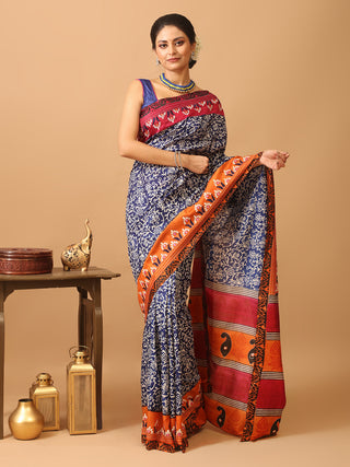 Navy Blue Bishnupur Silk Saree with Hand Block Prints & Hand Embroidered Borders