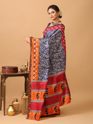 Navy Blue Bishnupur Silk Saree with Hand Block Prints & Hand Embroidered Borders