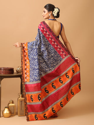 Navy Blue Bishnupur Silk Saree with Hand Block Prints & Hand Embroidered Borders