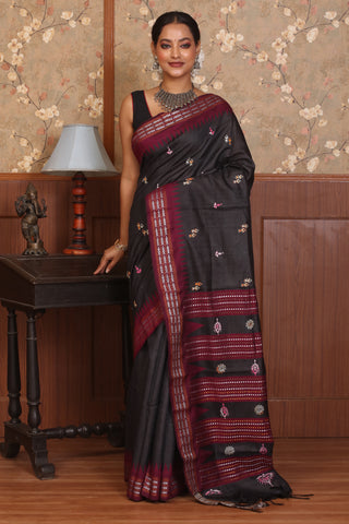 Black And Wine Chhattisgarh Pure Kosa Silk Saree with Karvati Borders & Kantha Embroidery
