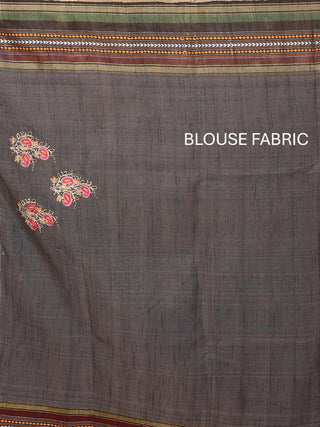 Beige Chhattisgarh Raw Silk Saree with Handwoven Karvati Borders & Aari Embroidery