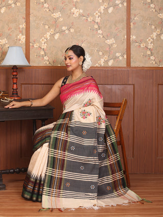 Beige Chhattisgarh Raw Silk Saree with Handwoven Karvati Borders & Aari Embroidery