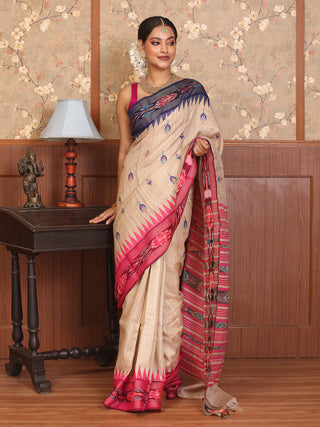 Beige Chhattisgarh Raw Silk Saree with Handwoven Ikkat Borders & Kantha Embroidery