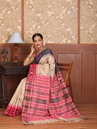 Beige Chhattisgarh Raw Silk Saree with Handwoven Ikkat Borders & Kantha Embroidery