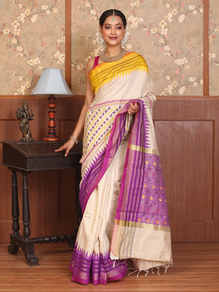 Beige Chhattisgarh Raw Silk Saree with Handwoven Ganga-Jamuna Borders & Gujarati Embroidery