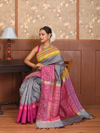 Grey Chhattisgarh Raw Silk Saree with Traditional Kantha Embroidery And Ganga-Jamuna Border