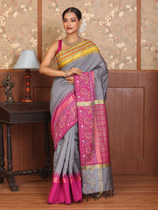 Grey Chhattisgarh Raw Silk Saree with Traditional Kantha Embroidery And Ganga-Jamuna Border