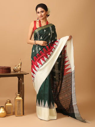 Bottle Green Chhattisgarh Blended Raw Silk Saree With Hand Kantha Embroidery