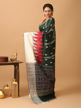 Bottle Green Chhattisgarh Blended Raw Silk Saree With Hand Kantha Embroidery