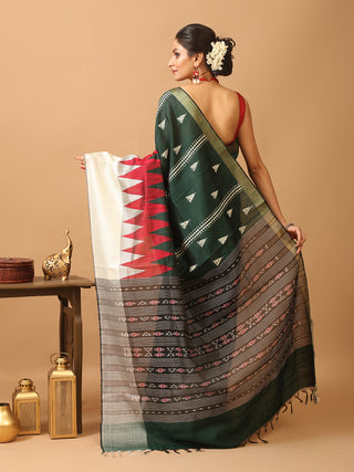 Bottle Green Chhattisgarh Blended Raw Silk Saree With Hand Kantha Embroidery