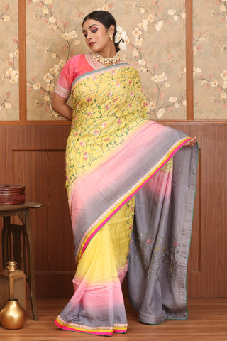Yellow, Pink & Grey Graceful Chinnon Silk Saree with Hand Embroidery