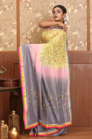 Yellow, Pink & Grey Graceful Chinnon Silk Saree with Hand Embroidery
