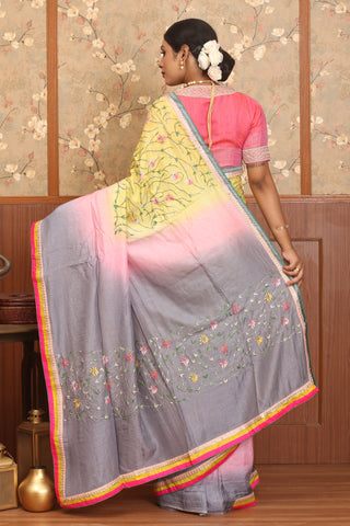 Yellow, Pink & Grey Graceful Chinnon Silk Saree with Hand Embroidery