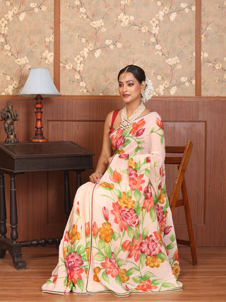 Light Peach Crepe Silk Saree with Hand Painting and Hand Aari Highlights