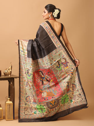 Black Ghicha Tussar Silk Saree with Madhubani Hand Painting & Kantha Embroidery