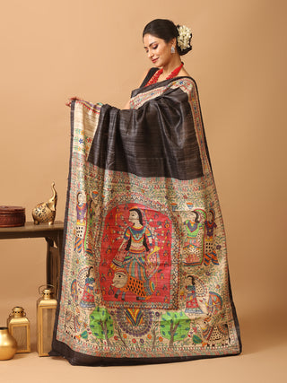 Black Ghicha Tussar Silk Saree with Madhubani Hand Painting & Kantha Embroidery