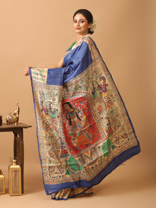 Royal Blue Ghicha Tussar Silk Saree with Madhubani Hand Painting & Kantha Embroidery