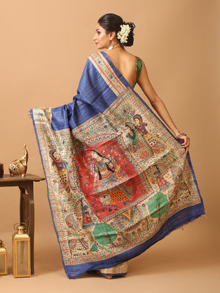 Royal Blue Ghicha Tussar Silk Saree with Madhubani Hand Painting & Kantha Embroidery
