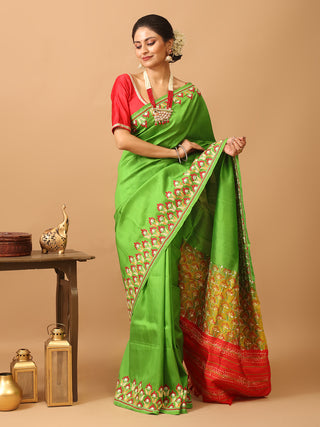 Green And Red Pure Kanjivaram Silk Saree with Intricate Hand Embroidery & Mirror Highlights