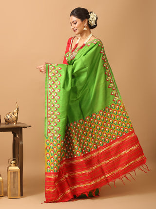 Green And Red Pure Kanjivaram Silk Saree with Intricate Hand Embroidery & Mirror Highlights