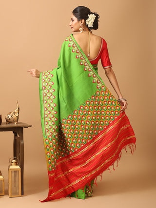 Green And Red Pure Kanjivaram Silk Saree with Intricate Hand Embroidery & Mirror Highlights