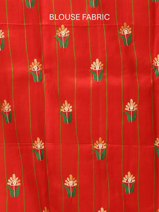 Green And Red Pure Kanjivaram Silk Saree with Intricate Hand Embroidery & Mirror Highlights