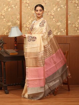 Cream and Pastel Pink Kanjivaram Silk Saree with Hand Kalamkari Applique & Aari Embroidery