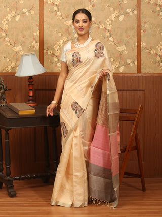 Cream and Pastel Pink Kanjivaram Silk Saree with Hand Kalamkari Applique & Aari Embroidery