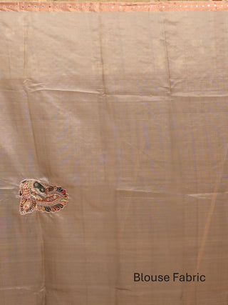 Cream and Pastel Pink Kanjivaram Silk Saree with Hand Kalamkari Applique & Aari Embroidery