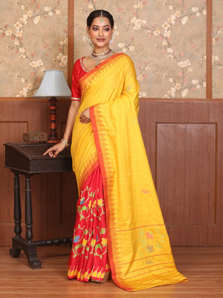 Half and Half Saree with Yellow Manipuri Innaphi Shawl and Red Muslin Silk