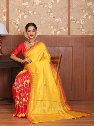Half and Half Saree with Yellow Manipuri Innaphi Shawl and Red Muslin Silk