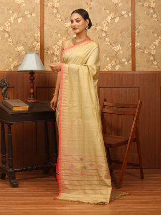 Half and Half Saree with Beige Manipuri Innaphi Shawl and Coral Muslin Silk