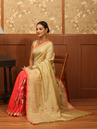 Half and Half Saree with Beige Manipuri Innaphi Shawl and Coral Muslin Silk