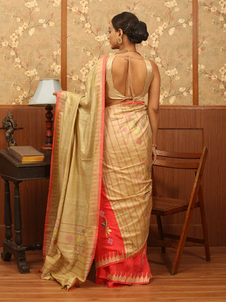 Half and Half Saree with Beige Manipuri Innaphi Shawl and Coral Muslin Silk