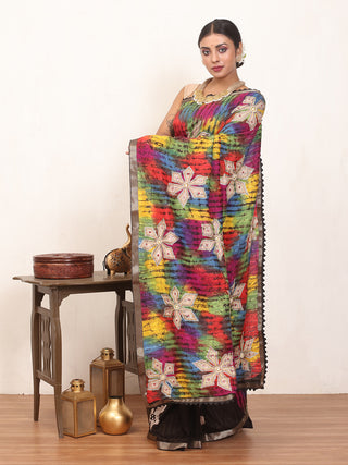 Half-and-Half Matka Silk Saree with Hand Batik and Aari Embroidery