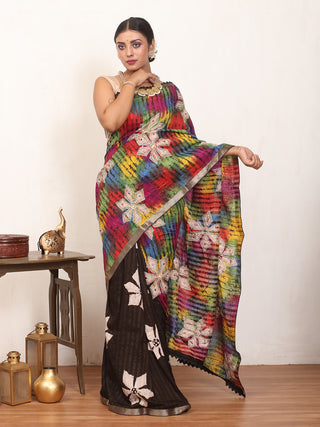Half-and-Half Matka Silk Saree with Hand Batik and Aari Embroidery
