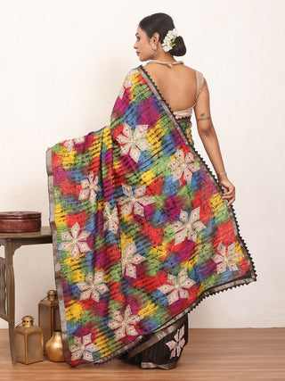 Half-and-Half Matka Silk Saree with Hand Batik and Aari Embroidery