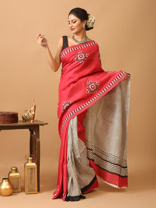 Strawberry Red Murshidabad Pure Silk Saree with Hand Block Printing and Kantha Embroidery