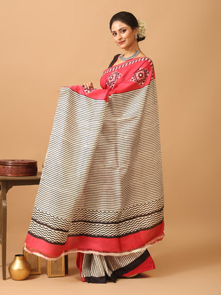Strawberry Red Murshidabad Pure Silk Saree with Hand Block Printing and Kantha Embroidery