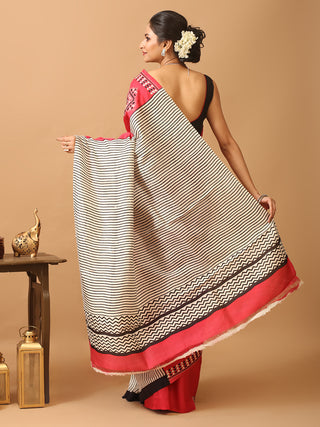 Strawberry Red Murshidabad Pure Silk Saree with Hand Block Printing and Kantha Embroidery