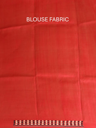 Strawberry Red Murshidabad Pure Silk Saree with Hand Block Printing and Kantha Embroidery
