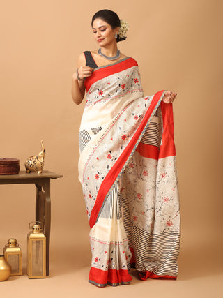 Cream Murshidabad Pure Silk Saree with Hand Block Printing, Kantha Embroidery & Mirror Highlights