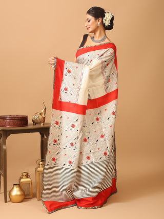 Cream Murshidabad Pure Silk Saree with Hand Block Printing, Kantha Embroidery & Mirror Highlights