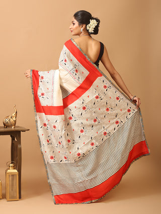 Cream Murshidabad Pure Silk Saree with Hand Block Printing, Kantha Embroidery & Mirror Highlights