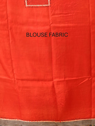 Cream Murshidabad Pure Silk Saree with Hand Block Printing, Kantha Embroidery & Mirror Highlights