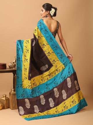 Black Murshidabad Pure Silk Saree with Hand Block Printing, Kantha Embroidery & Mirror Highlights