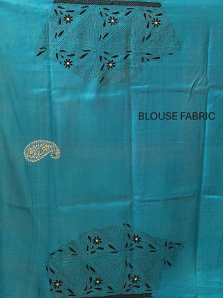 Black Murshidabad Pure Silk Saree with Hand Block Printing, Kantha Embroidery & Mirror Highlights